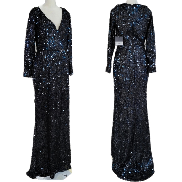 NWT Ieena for Mac Duggal 26445 Long Sleeve Sequin Gown in Midnight Sz 4 - Picture 2 of 13